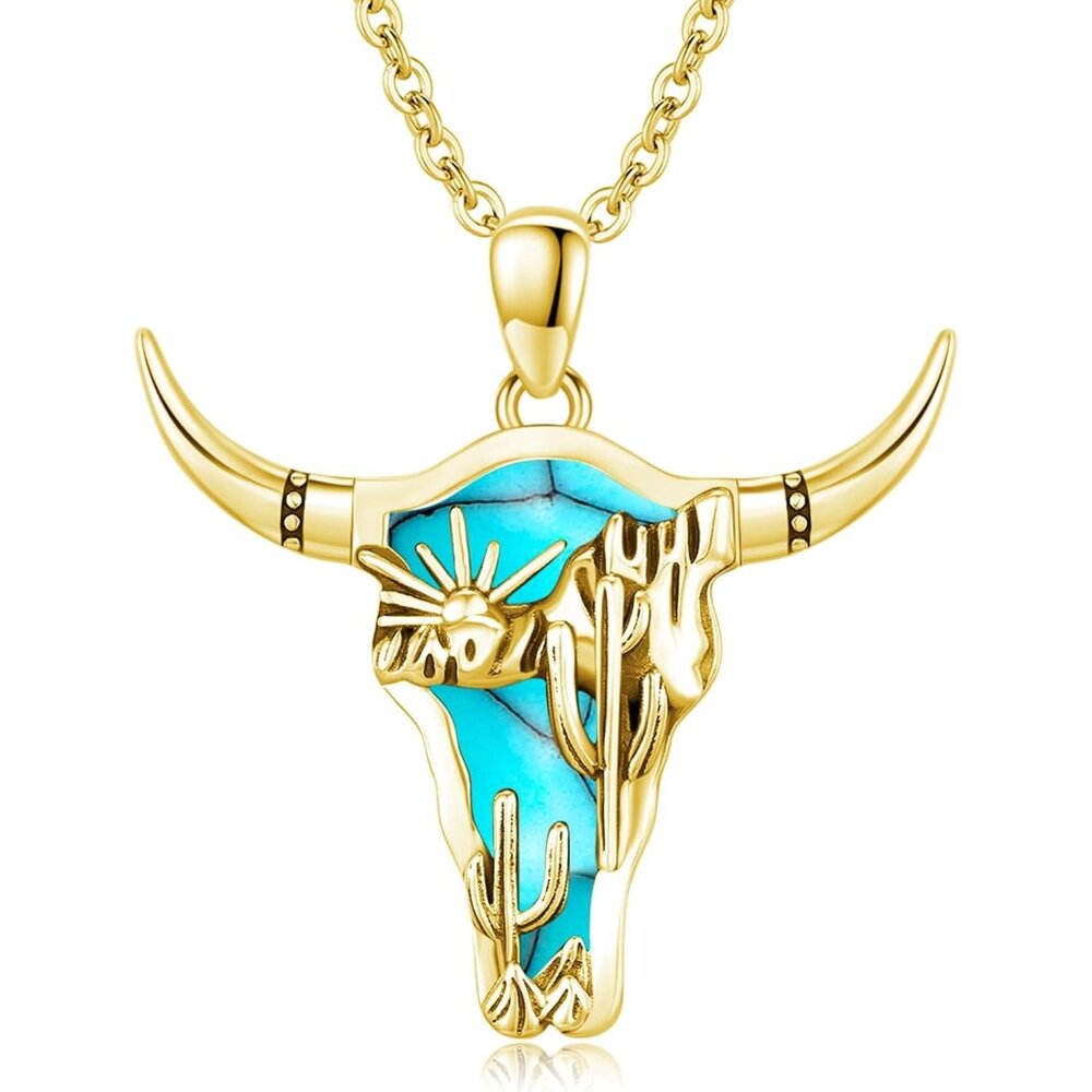 Western Necklace 925 Sterling Silver Turquoise Pendant Highland Cow/Cow Skull/Ha - Picture 1 of 7